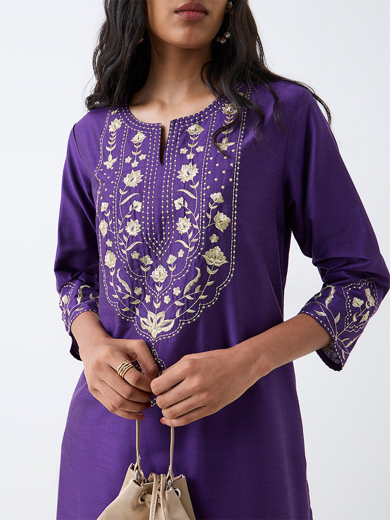 Utsa Violet Floral Embroidered A-Line Kurta