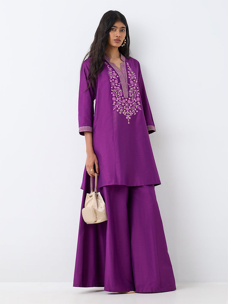 Utsa Purple Floral Embroidered A-Line Kurta