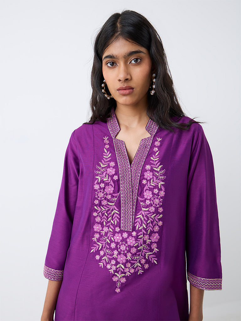 Utsa Purple Floral Embroidered A-Line Kurta