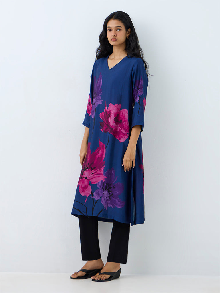 Utsa Indigo Floral Pattern A-Line Kurta
