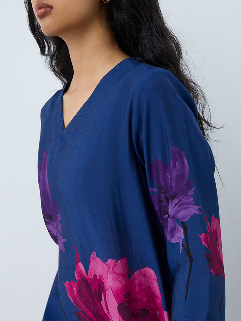 Utsa Indigo Floral Pattern A-Line Kurta