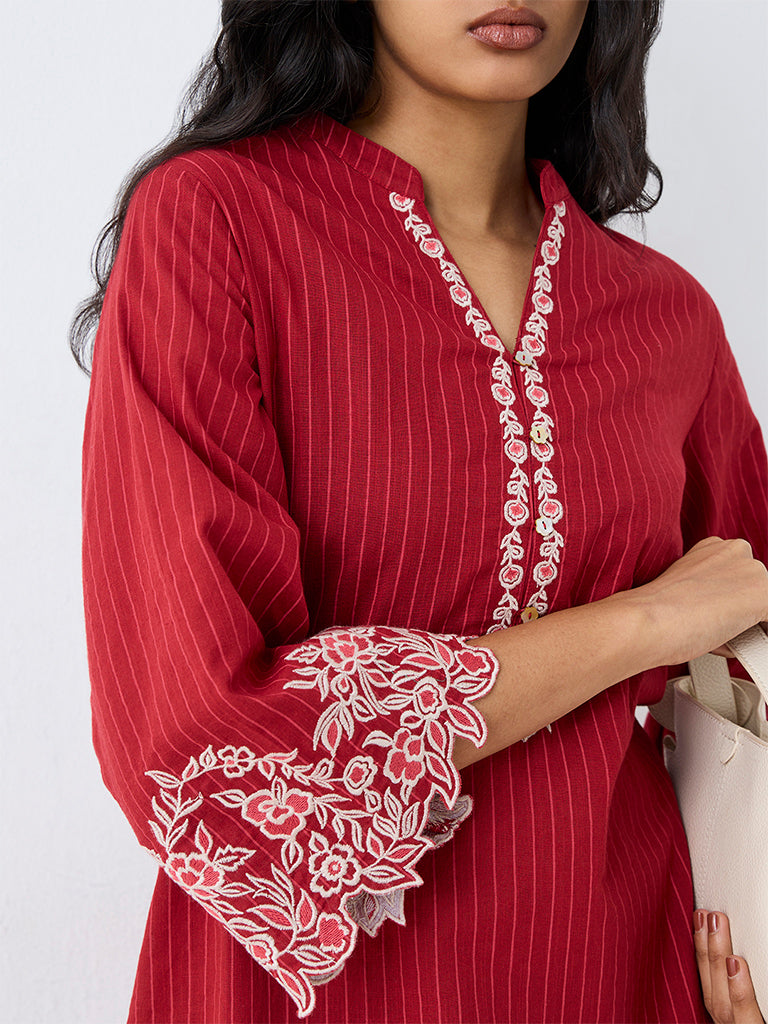 Utsa Red Striped Cotton Straight Kurta