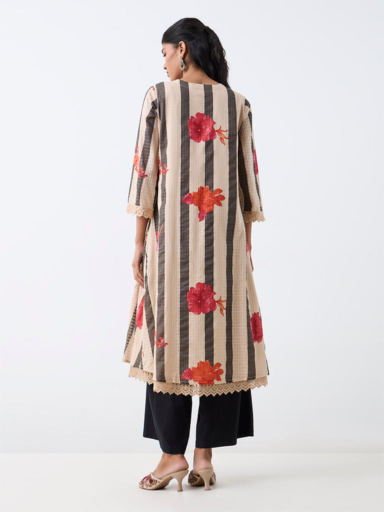 Utsa Peach Striped Cotton A-Line Kurta