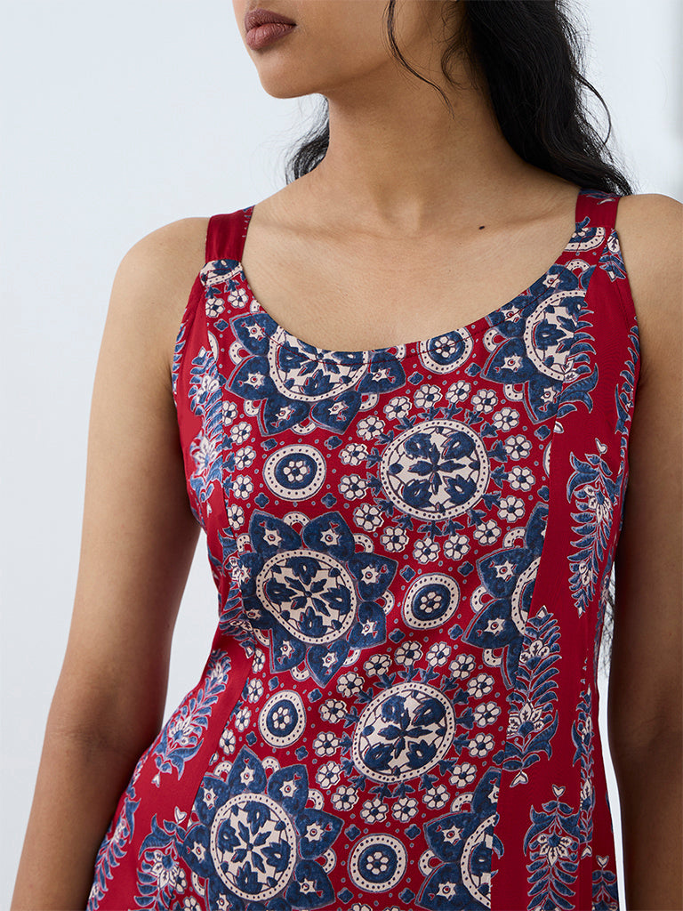 Utsa Red Floral Printed A-Line Dress