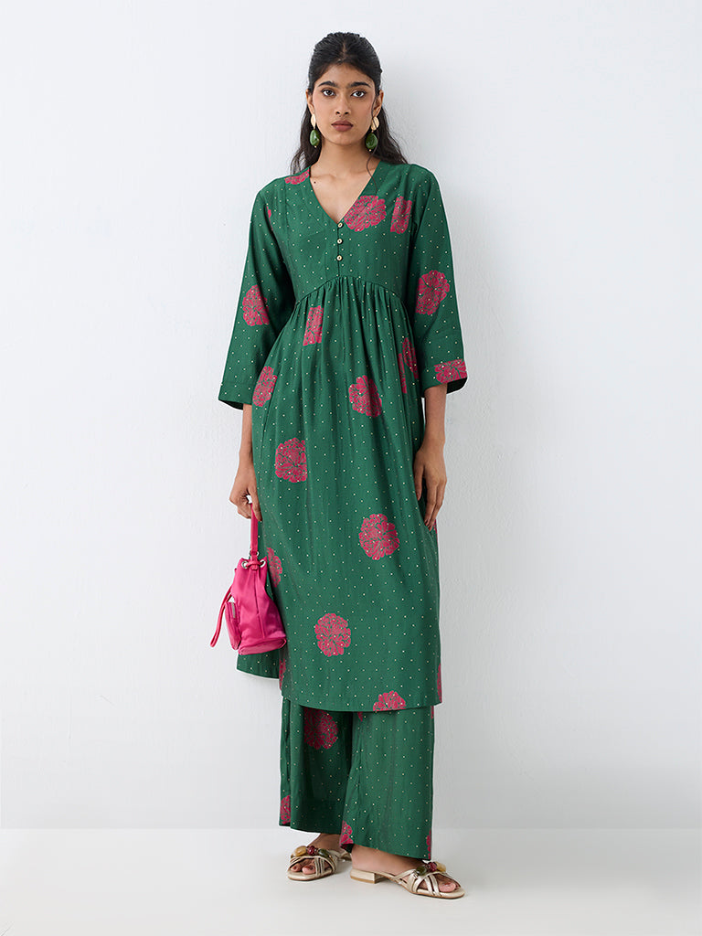 Utsa Green Floral Printed Empire-Line Kurta