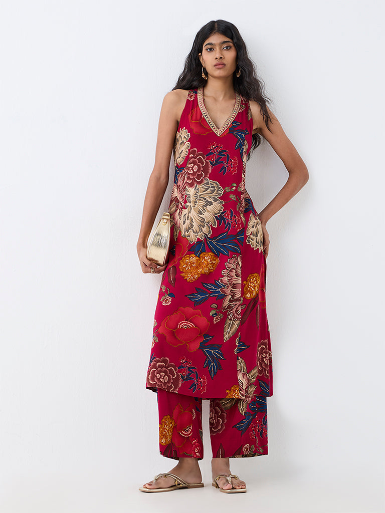Utsa Red Floral Printed A-Line Kurta