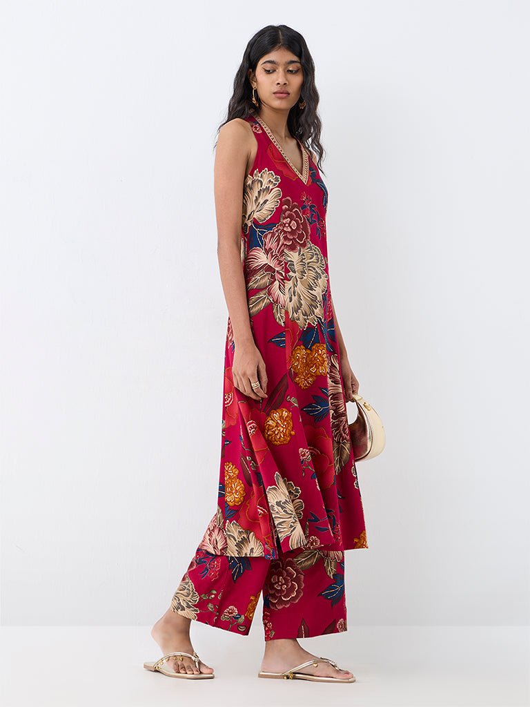 Utsa Red Floral Printed A-Line Kurta