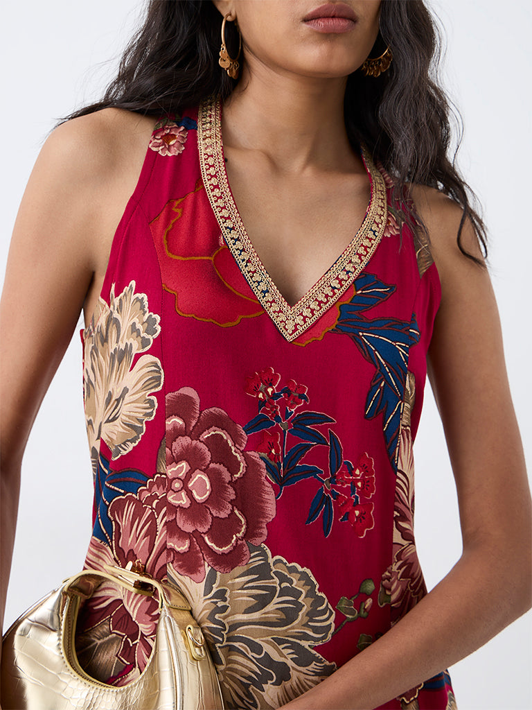 Utsa Red Floral Printed A-Line Kurta