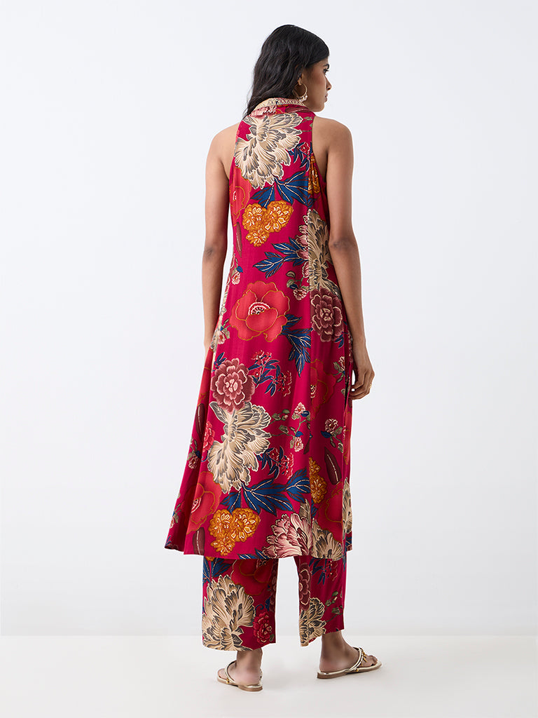 Utsa Red Floral Printed A-Line Kurta