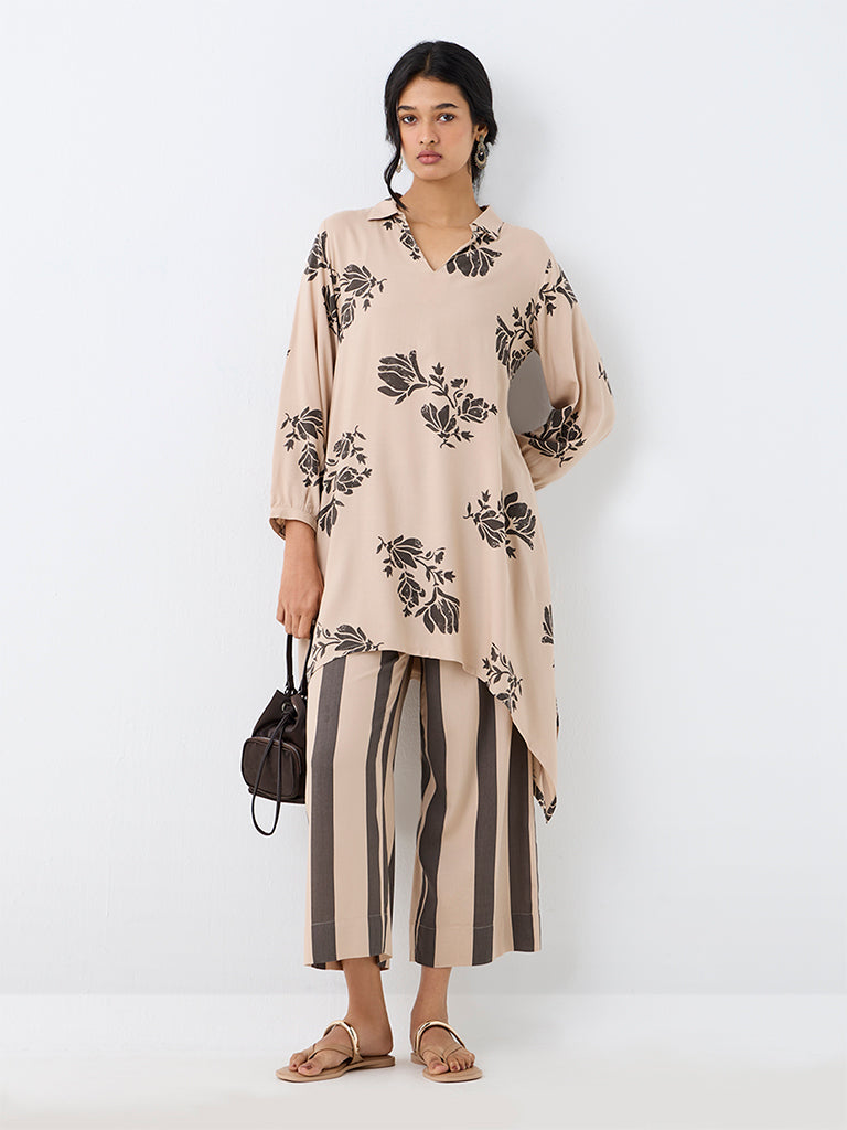 Utsa Beige Floral Design Asymmetrical Kurta