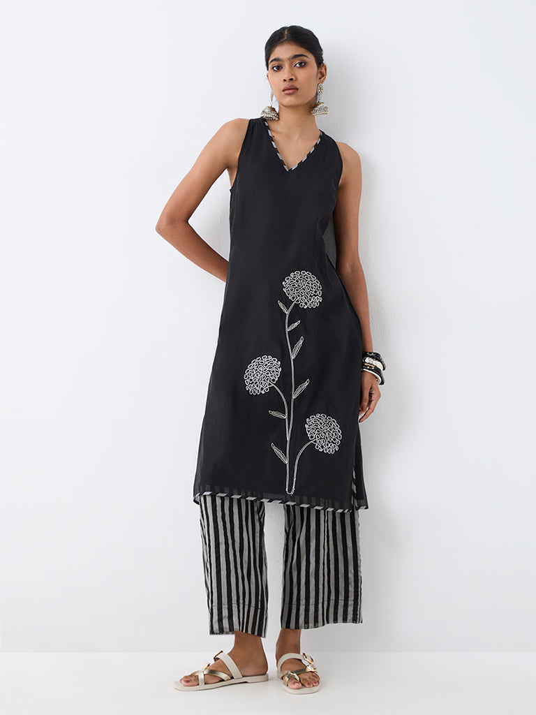 Utsa Black Floral Embroidered A-Line Kurta