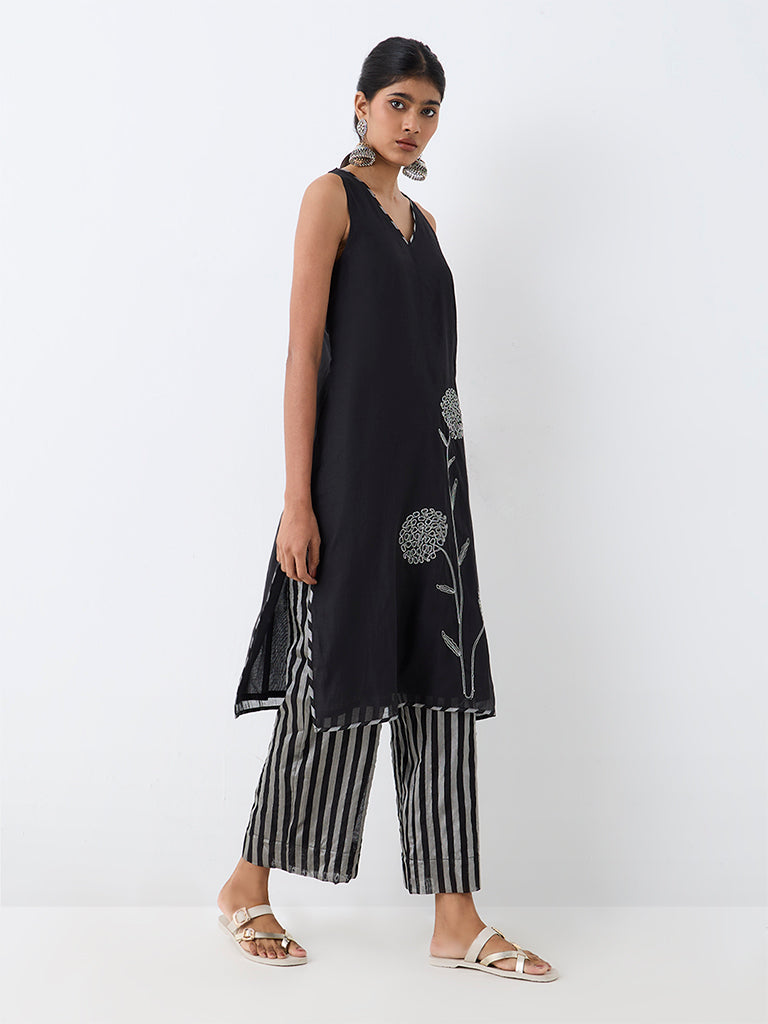 Utsa Black Floral Embroidered A-Line Kurta