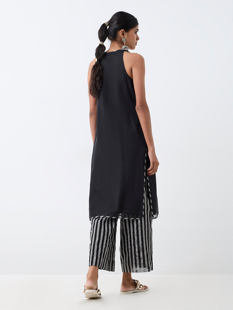 Utsa Black Floral Embroidered A-Line Kurta