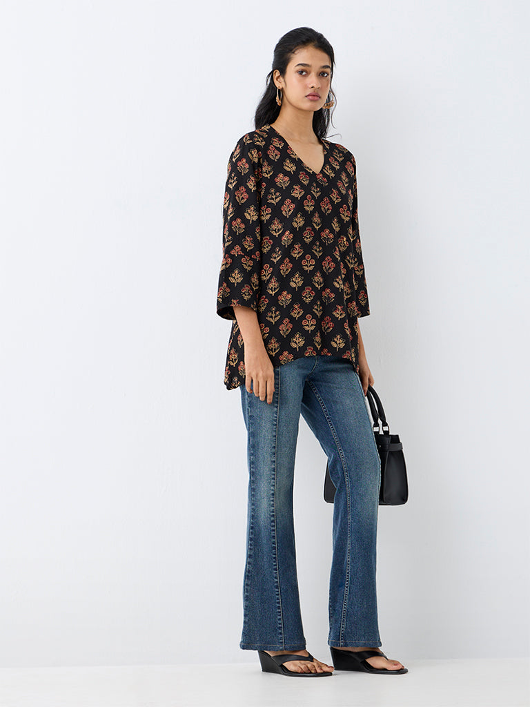 Utsa Black Floral Pattern Tunic