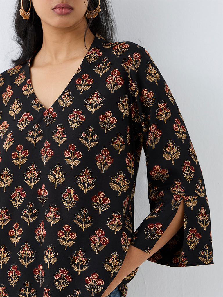 Utsa Black Floral Pattern Tunic