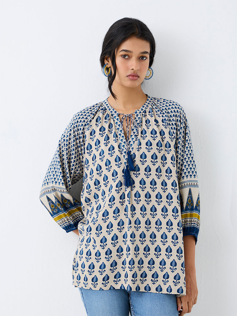 Utsa Blue Anar Printed Cotton-Blend Tunic