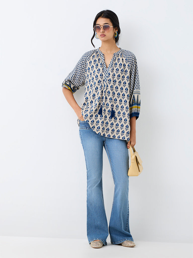 Utsa Blue Anar Printed Cotton-Blend Tunic