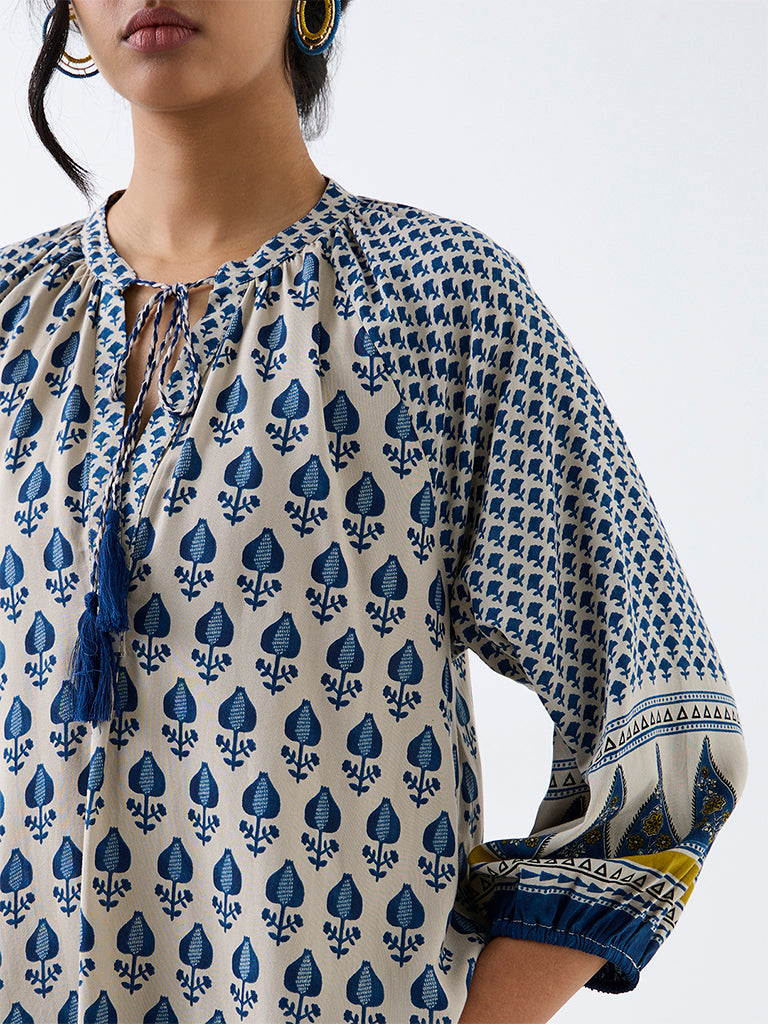 Utsa Blue Anar Printed Cotton-Blend Tunic