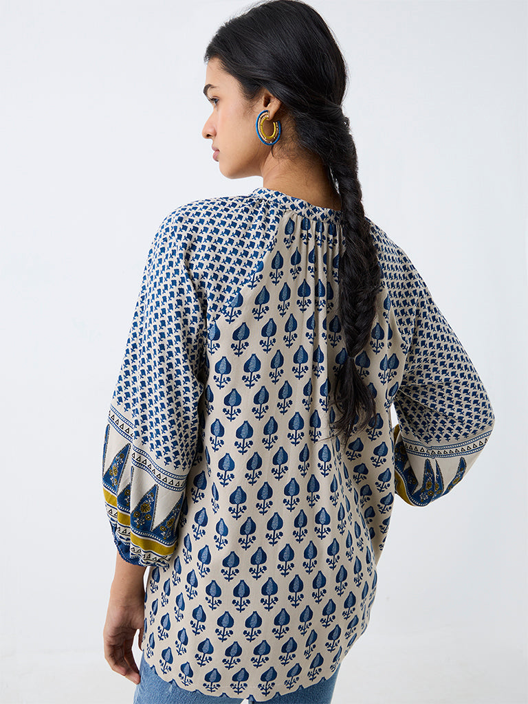 Utsa Blue Anar Printed Cotton-Blend Tunic