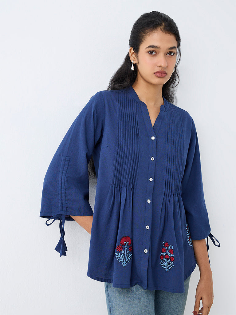 Utsa Indigo Pintuck Detailed Cotton-Blend Tunic