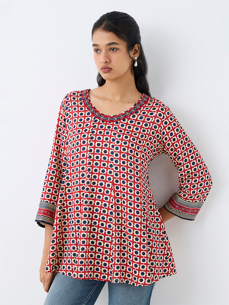 Utsa Red Geometric Printed Cotton Tunic