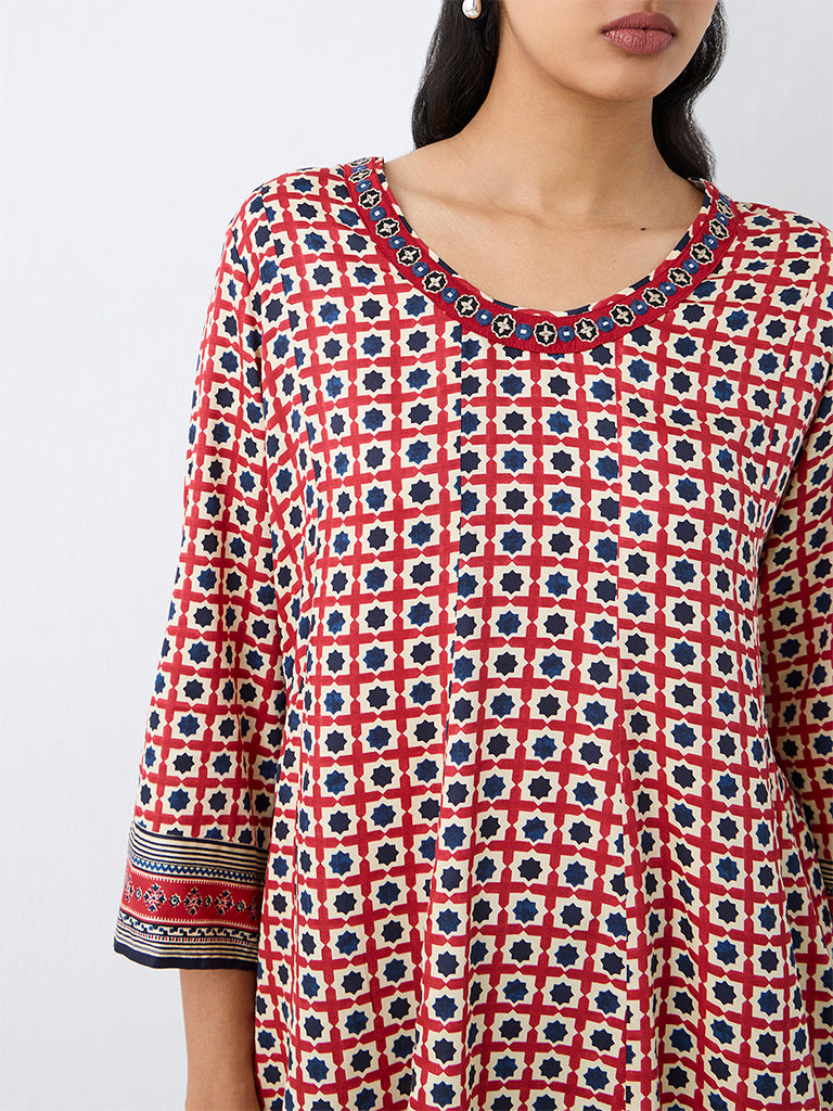 Utsa Red Geometric Printed Cotton Tunic