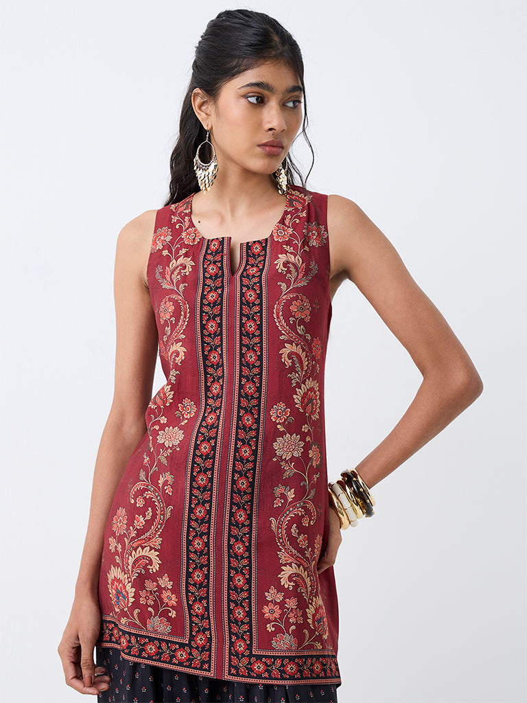 Utsa Red Floral Printed Kurti