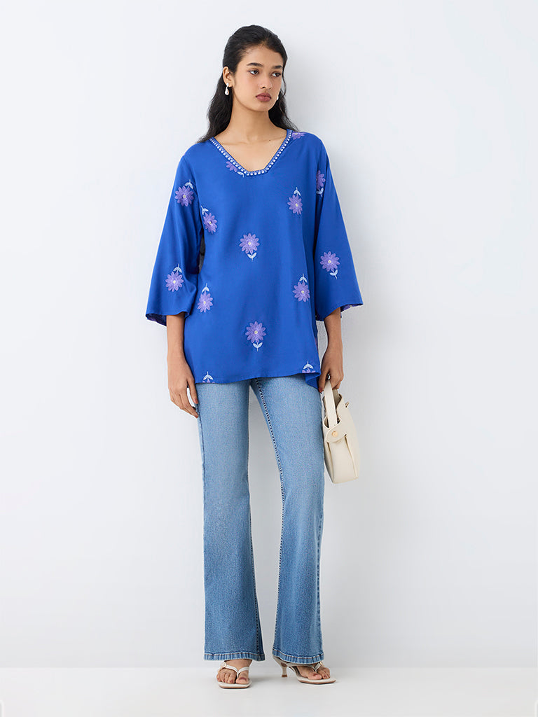 Utsa Blue Floral Embroidered Tunic