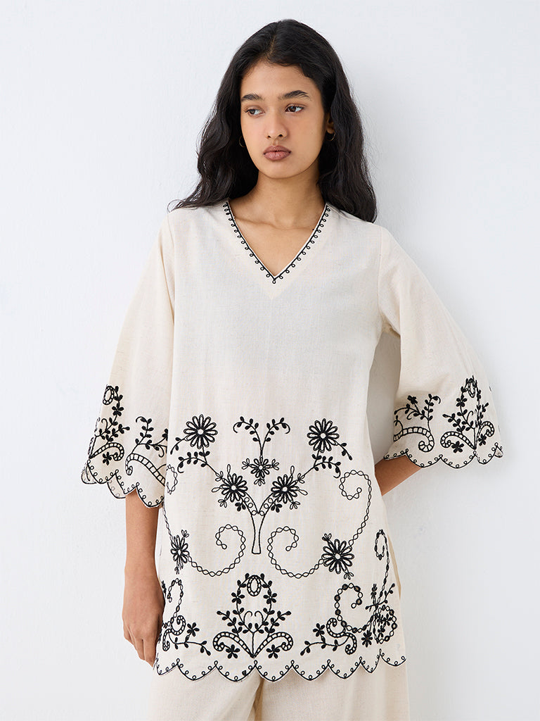 Utsa Off-White Floral Embroidered Cotton-Blend Tunic
