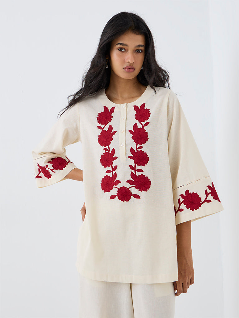 Utsa Beige Floral Embroidered Tunic