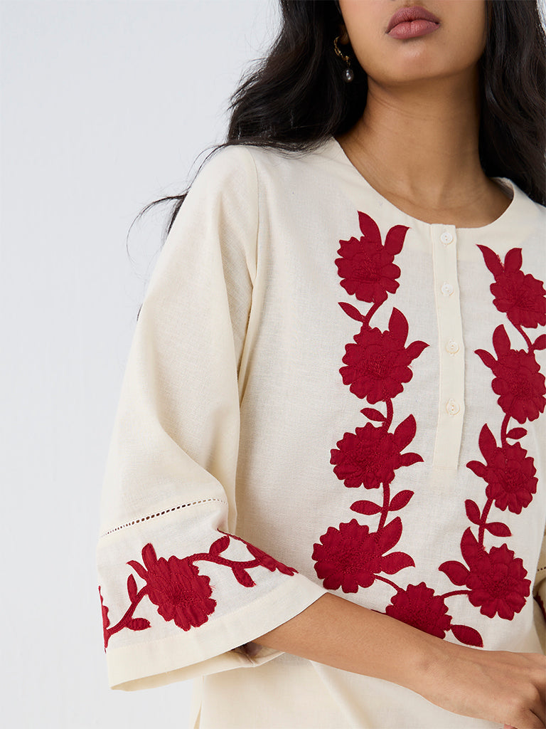 Utsa Beige Floral Embroidered Tunic