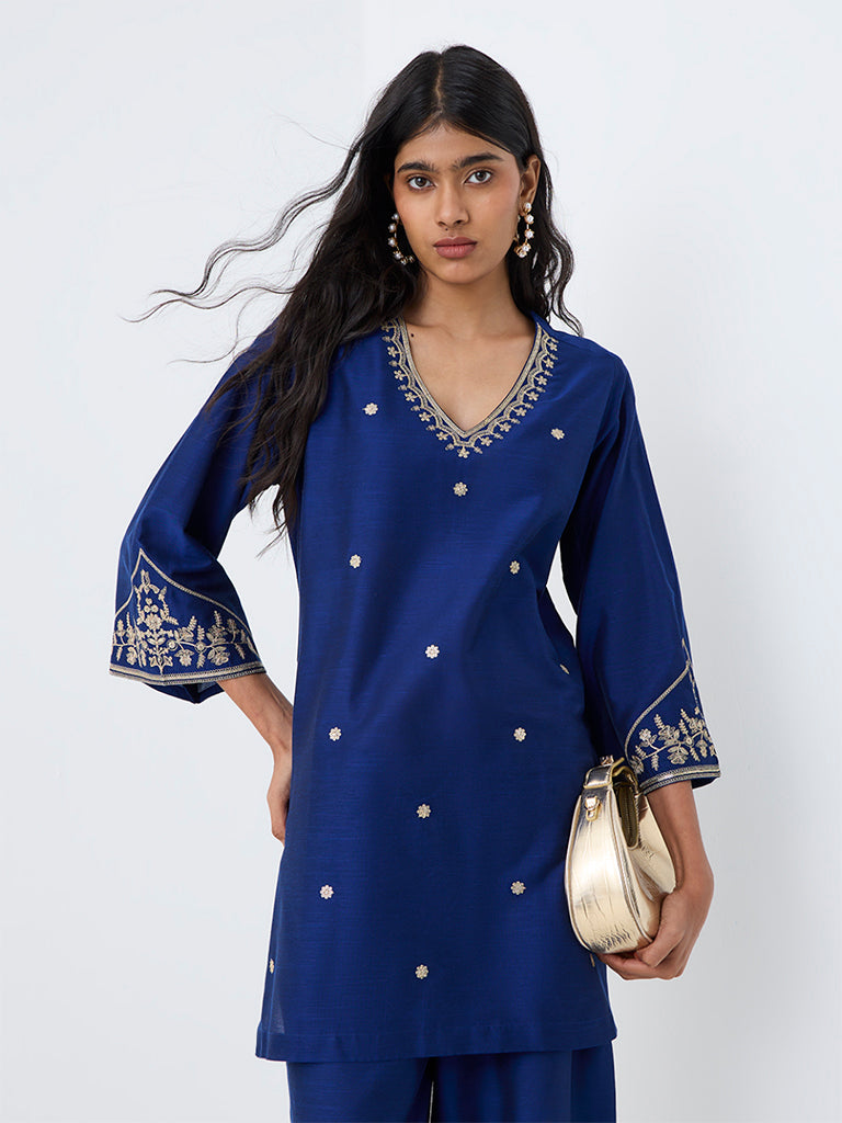 Utsa Dark Blue Floral Embroidered Kurti