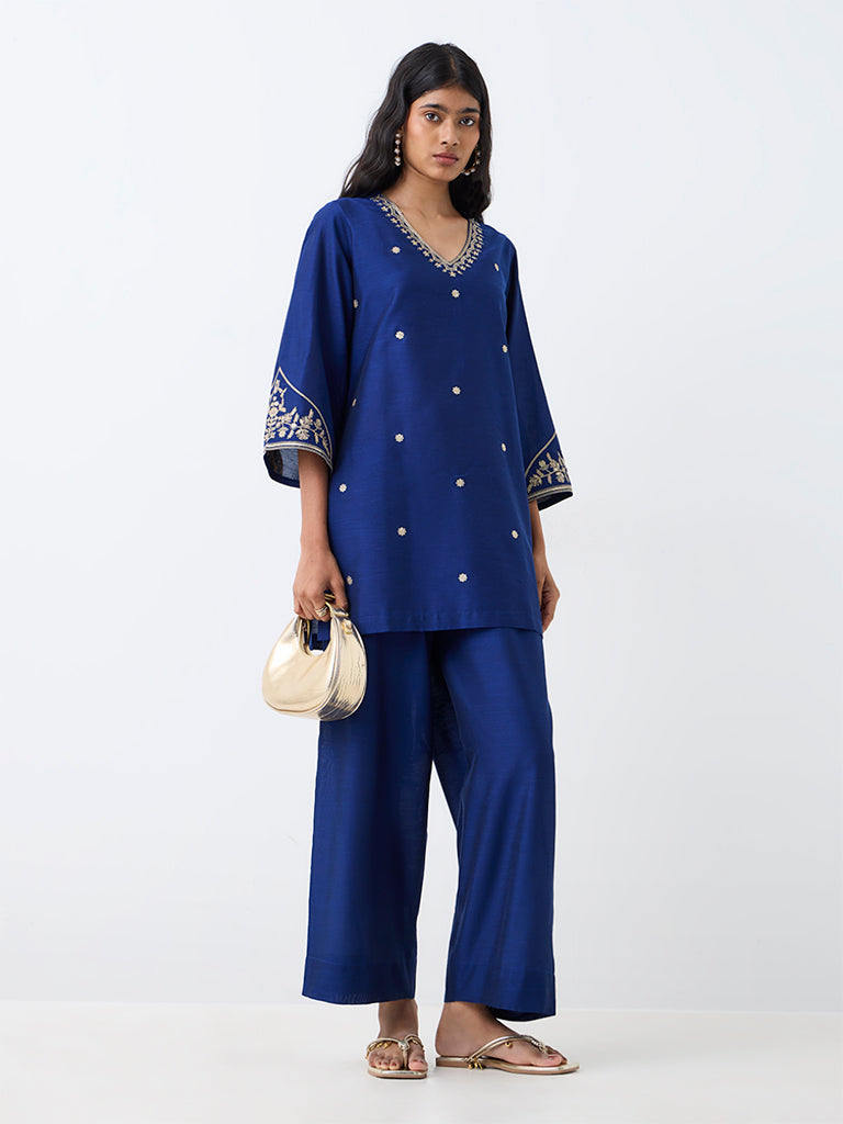 Utsa Dark Blue Floral Embroidered Kurti