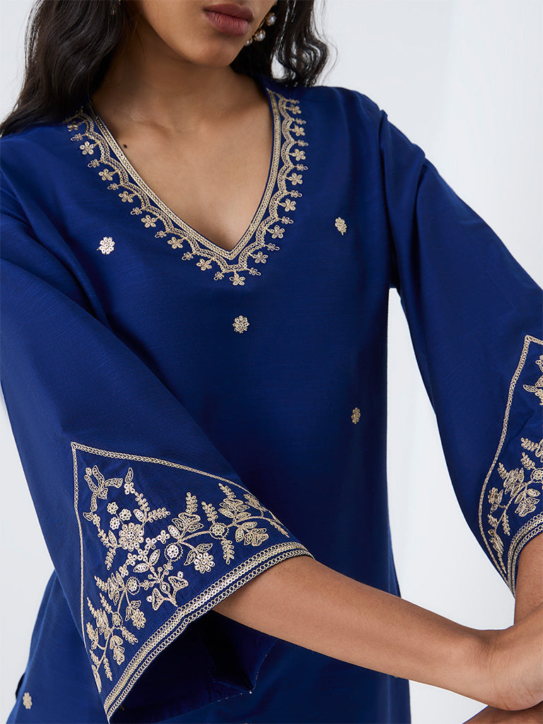 Utsa Dark Blue Floral Embroidered Kurti