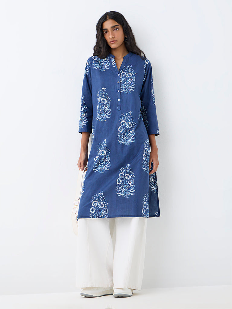 Utsa Indigo Floral Printed Cotton Straight Kurta