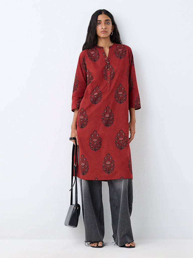 Utsa Rust Floral Printed Cotton Straight Kurta