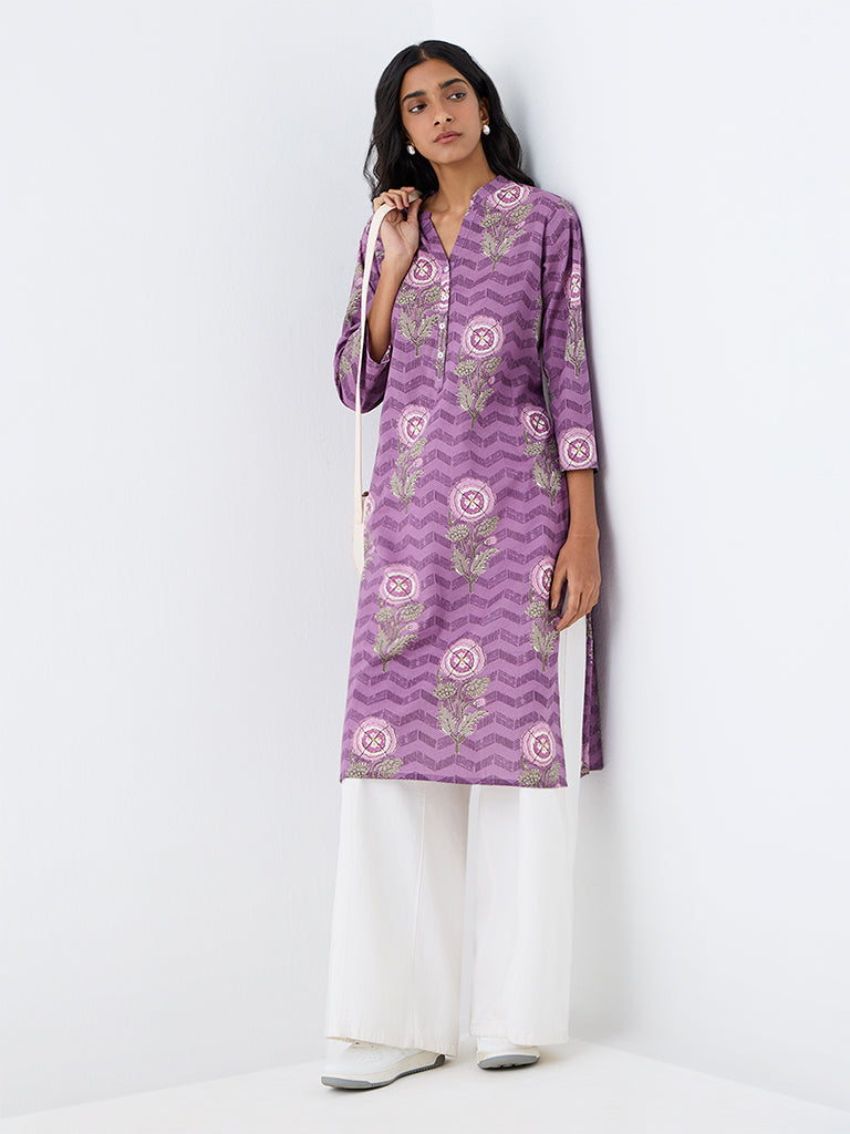 Utsa Purple Floral Printed Cotton Straight Kurta