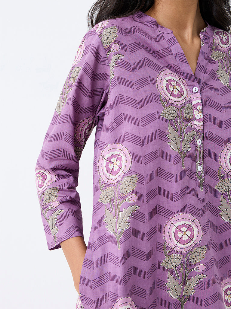 Utsa Purple Floral Printed Cotton Straight Kurta