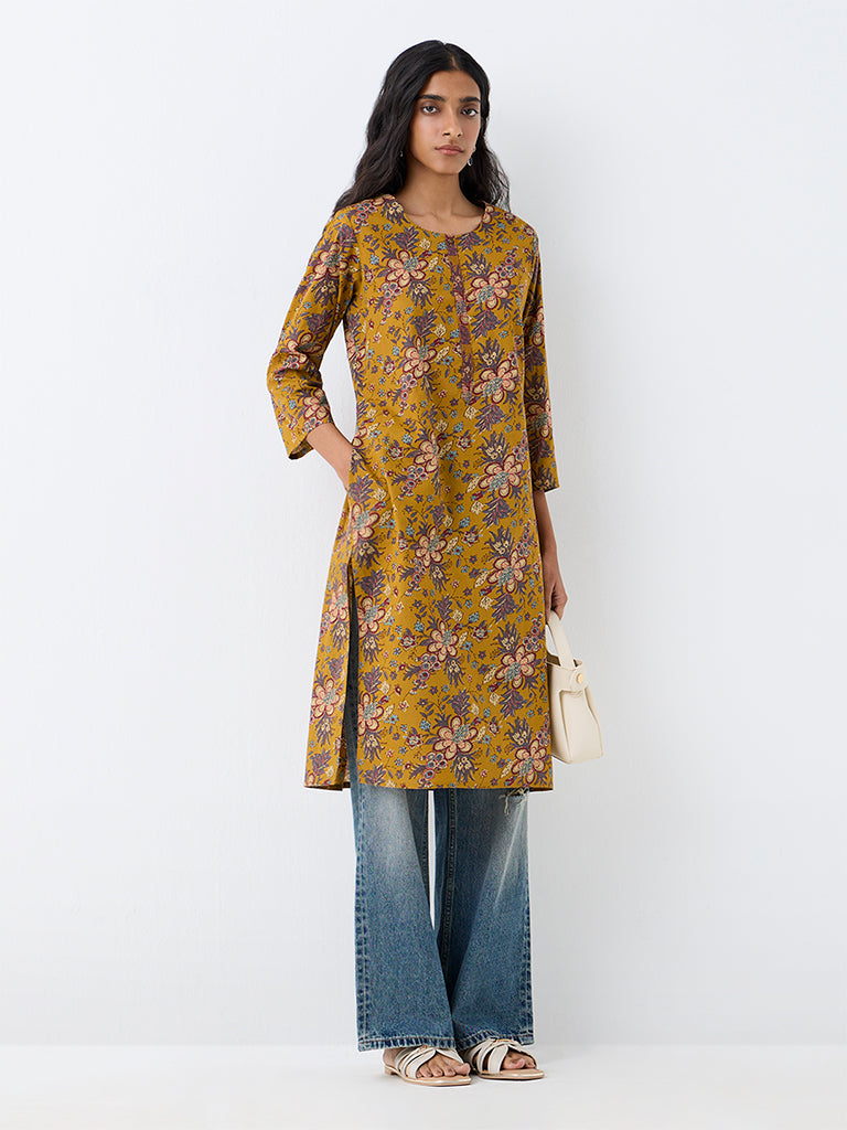 Utsa Mustard Floral Printed Cotton Straight Kurta