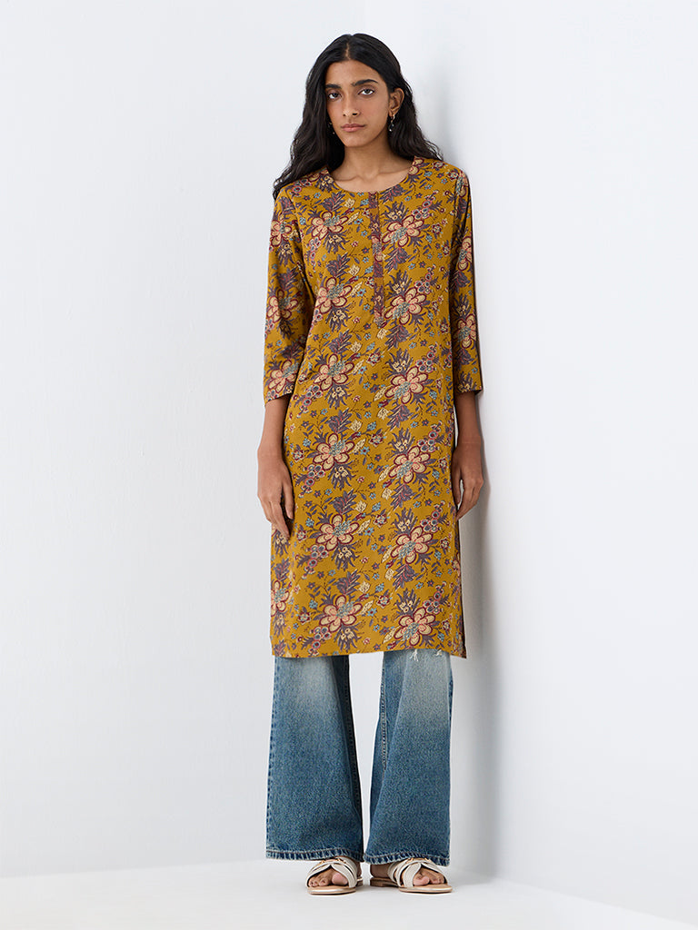 Utsa Mustard Floral Printed Cotton Straight Kurta