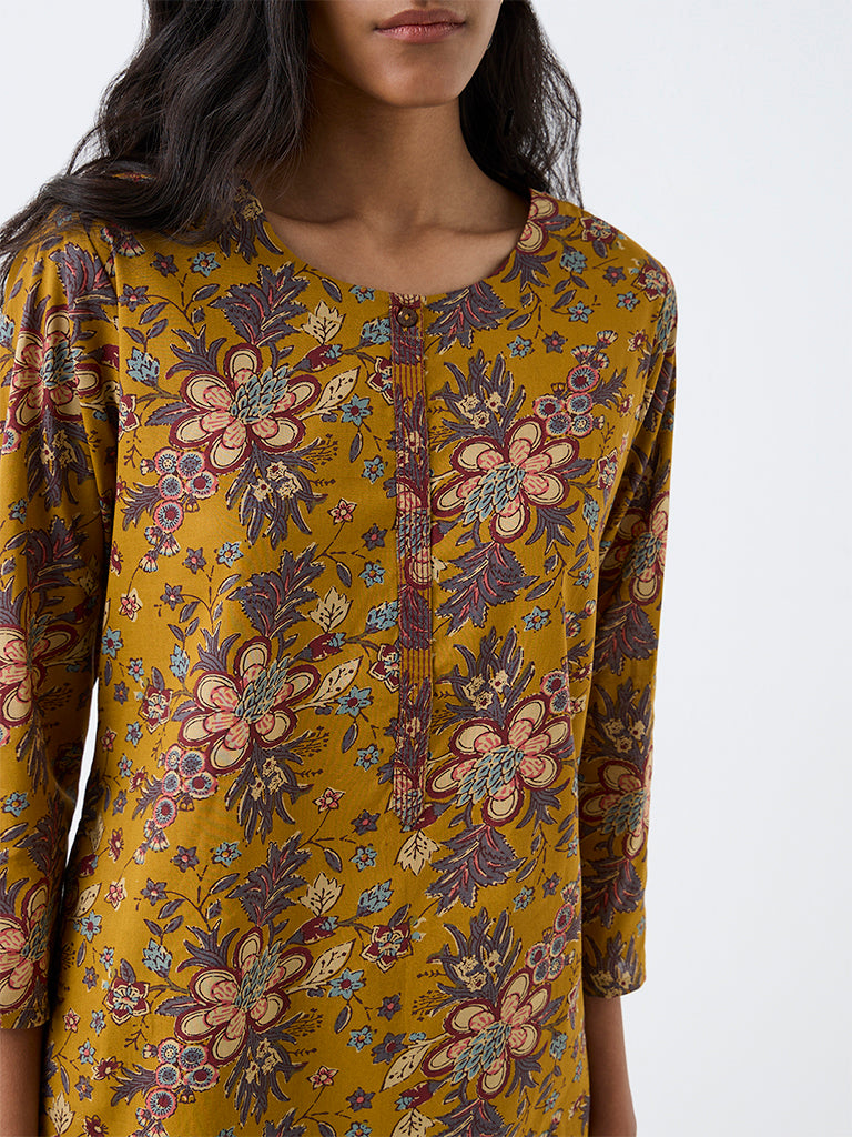 Utsa Mustard Floral Printed Cotton Straight Kurta