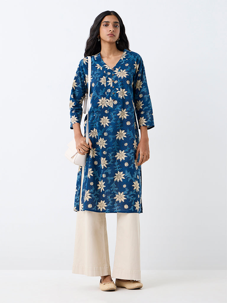Utsa Indigo Floral Printed Cotton Straight Kurta
