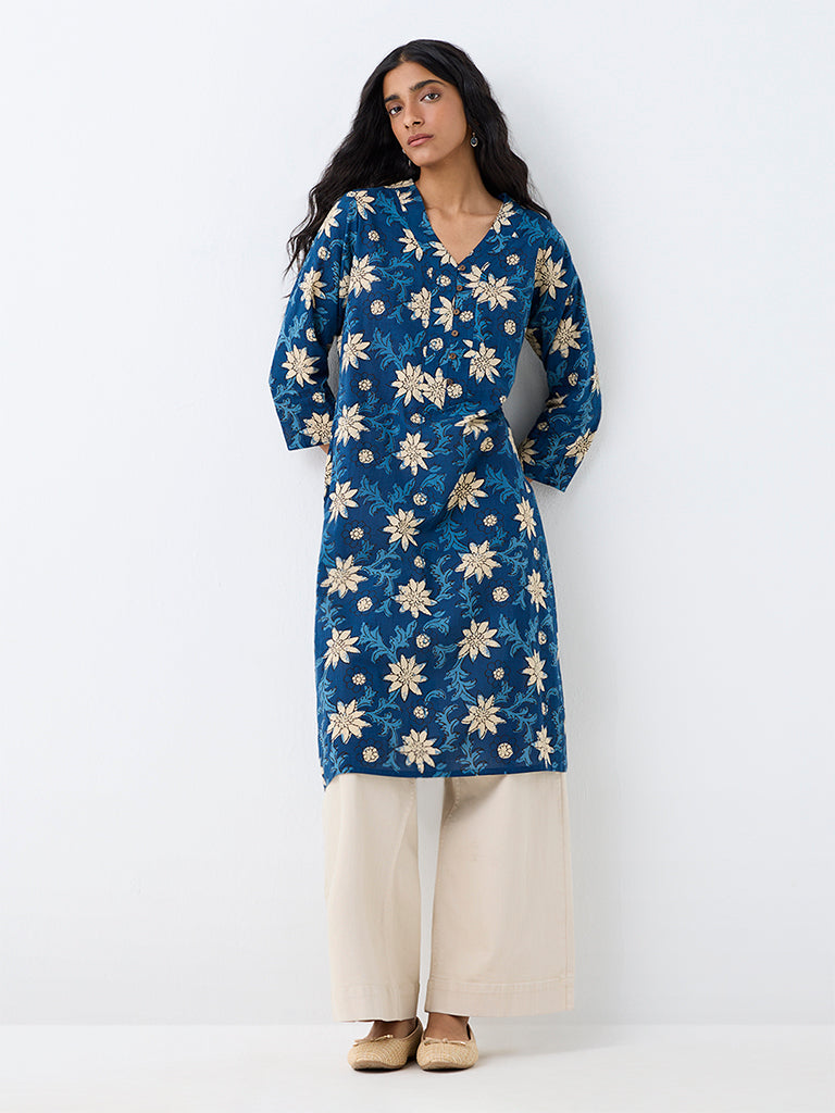 Utsa Indigo Floral Printed Cotton Straight Kurta