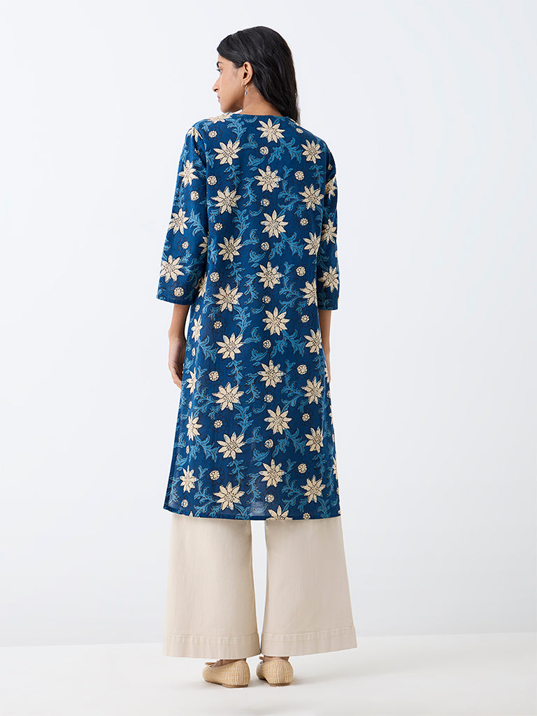 Utsa Indigo Floral Printed Cotton Straight Kurta