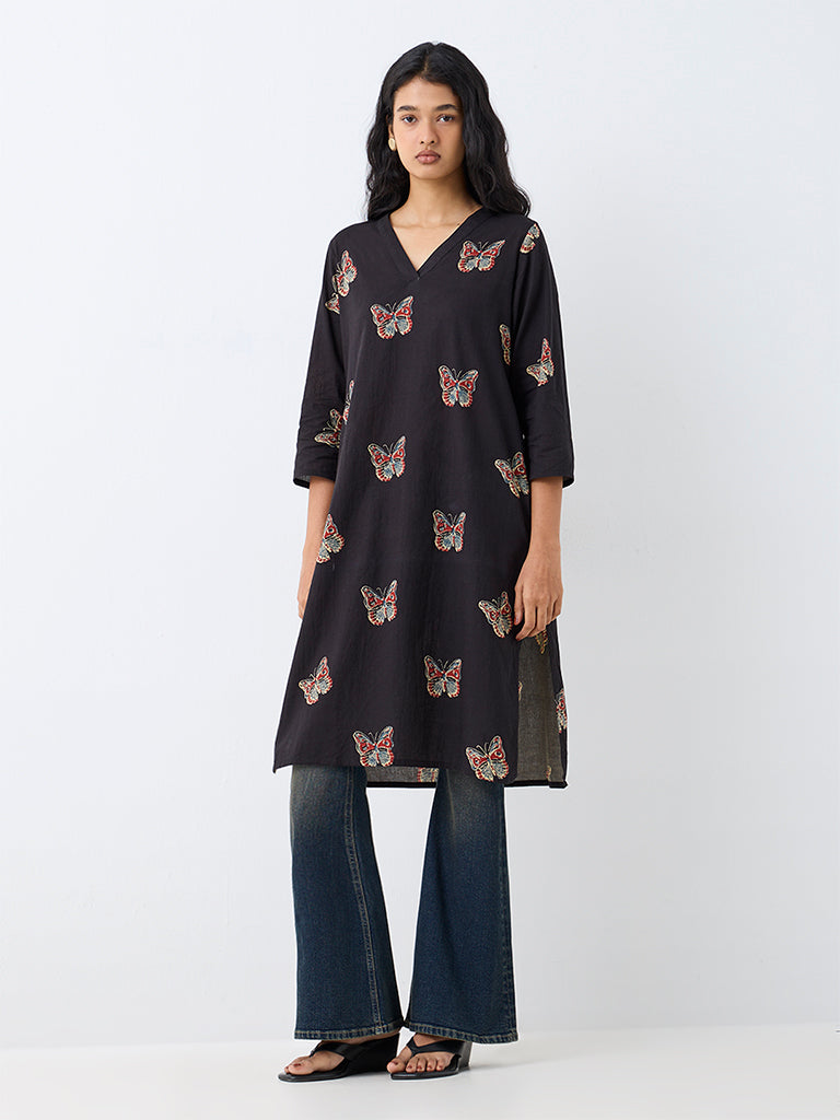 Utsa Black Butterfly Printed Cotton Straight Kurta