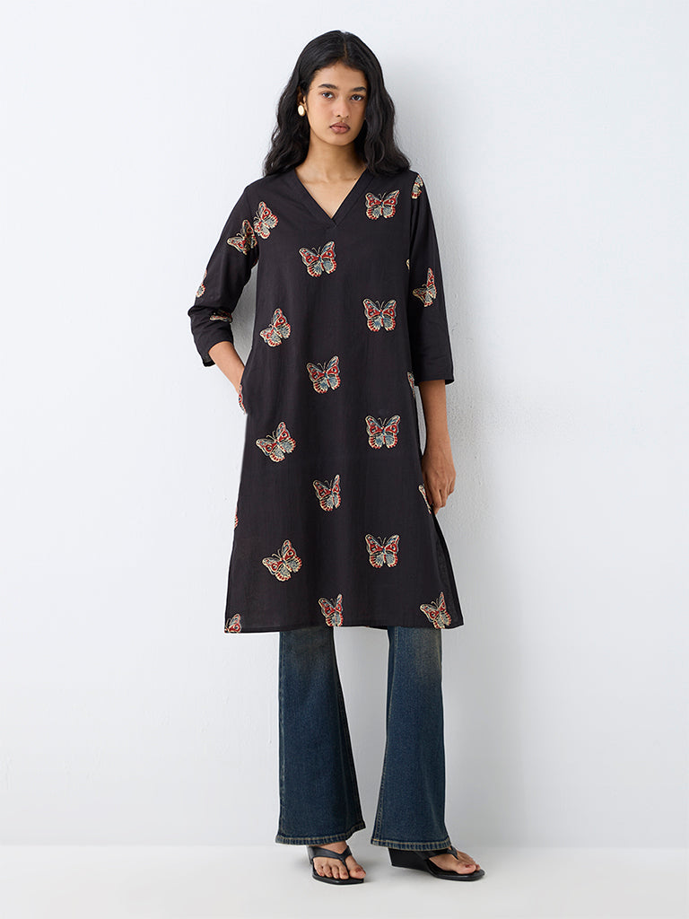 Utsa Black Butterfly Printed Cotton Straight Kurta