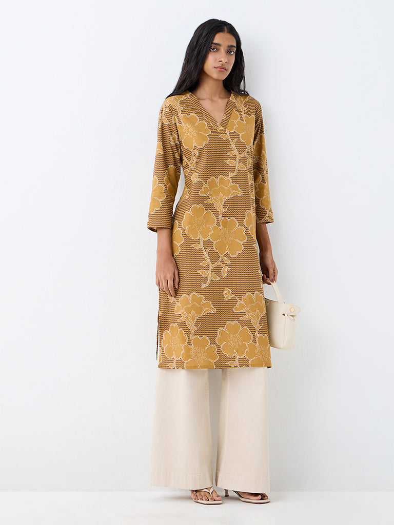 Utsa Dark Mustard Floral Printed Cotton Straight Kurta