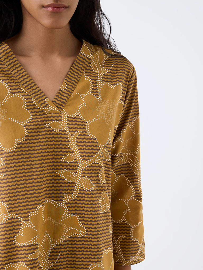 Utsa Dark Mustard Floral Printed Cotton Straight Kurta