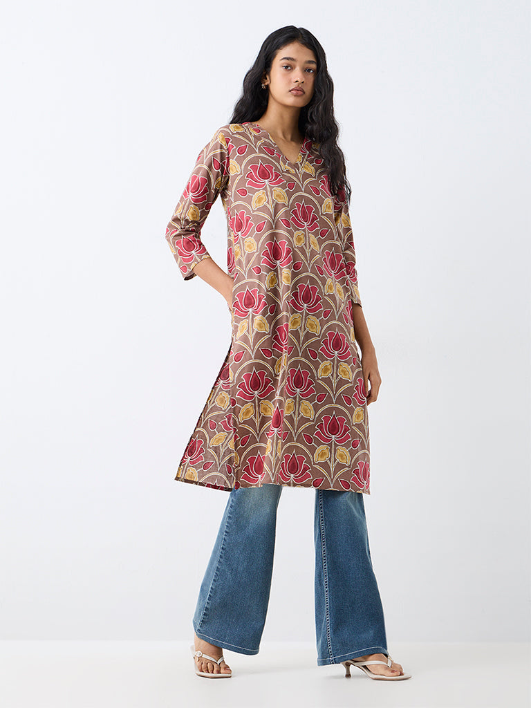 Utsa Brown Kalamkari Floral Printed Cotton Straight Kurta