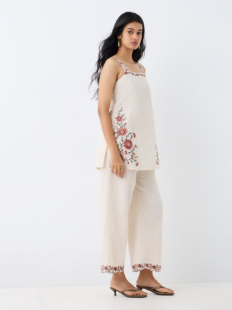 Utsa Off-White Floral Embroidered Cotton-Blend Tunic